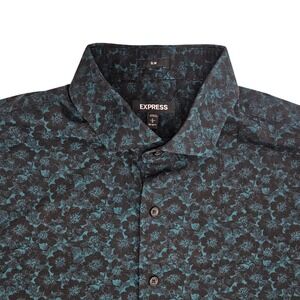 Express Slim Fit Mens Large Teal Black Floral Long Sleeve Button Down Shirt